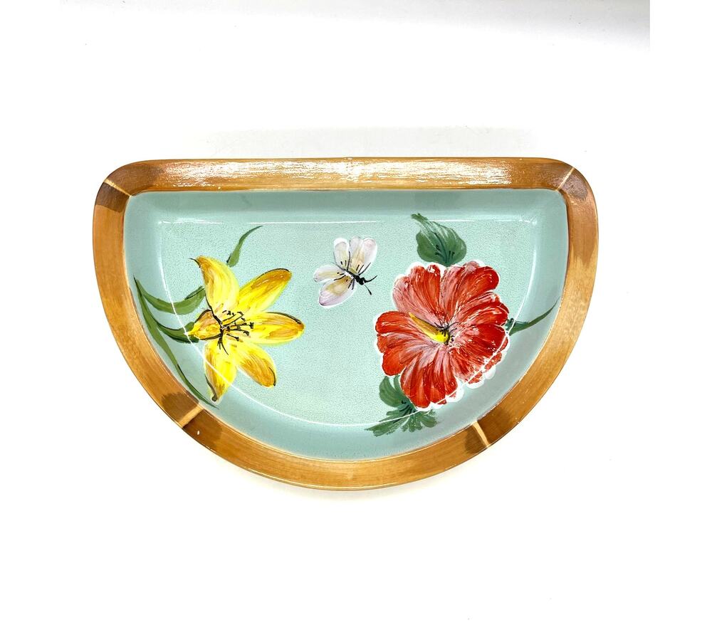 Arte Italica Half Circle Dish Blue w/ Flowers & Butterfly Made in Italy